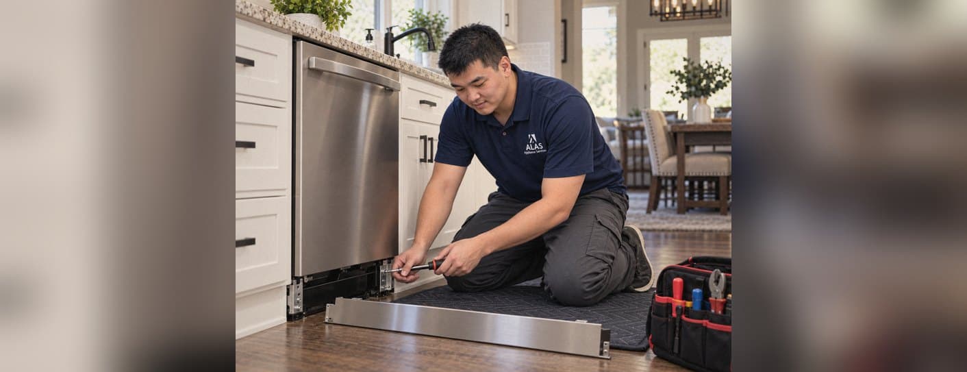 ALAS technician removing the kick plate to service a stainless steel dishwasher