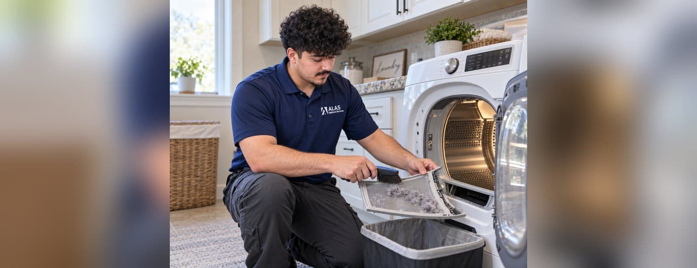 ALAS technician cleaning a dryer lint screen in a home laundry room