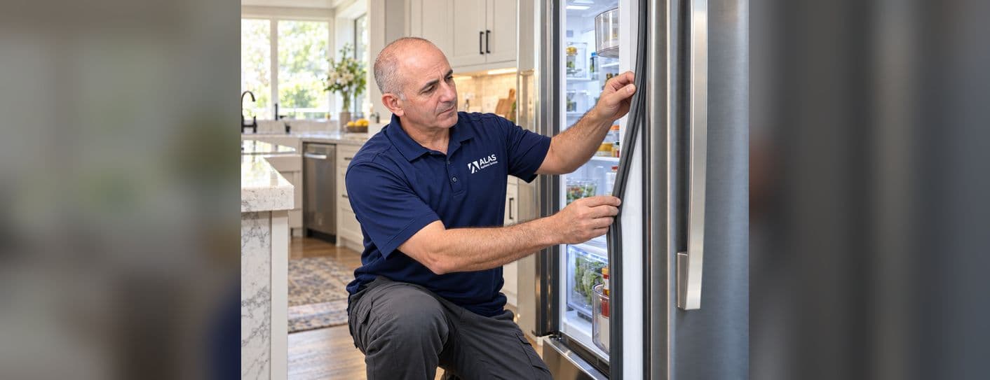 ALAS technician checking a refrigerator door seal in a home kitchen