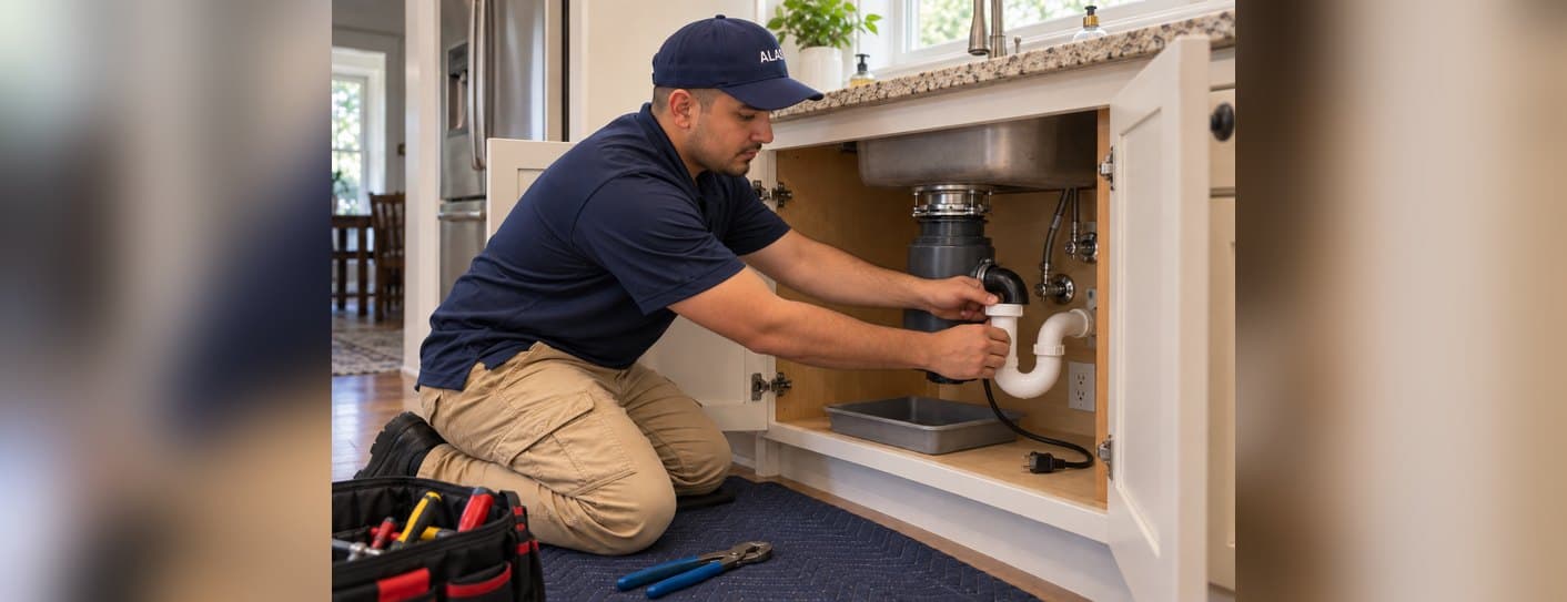 ALAS technician servicing a garbage disposal under a kitchen sink