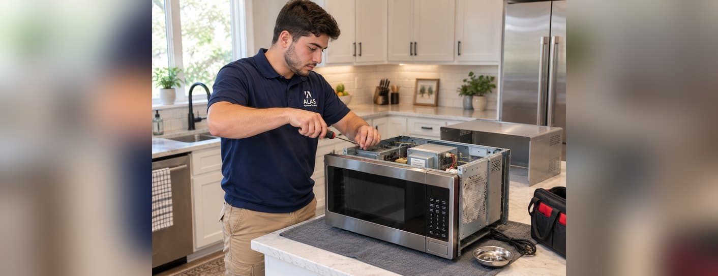 ALAS technician repairing a microwave in a home kitchen