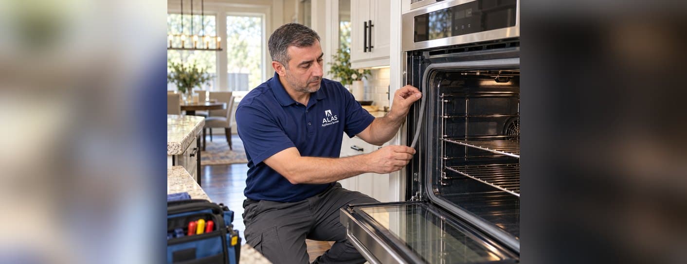 ALAS technician checking the door gasket on a wall oven