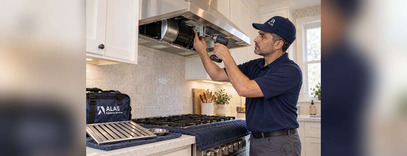 ALAS technician repairing a range hood blower