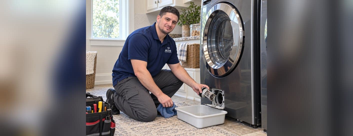 ALAS technician cleaning the drain pump filter on a front-load washer
