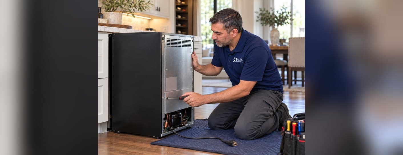 ALAS technician repairing an under-counter wine cooler in a home kitchen