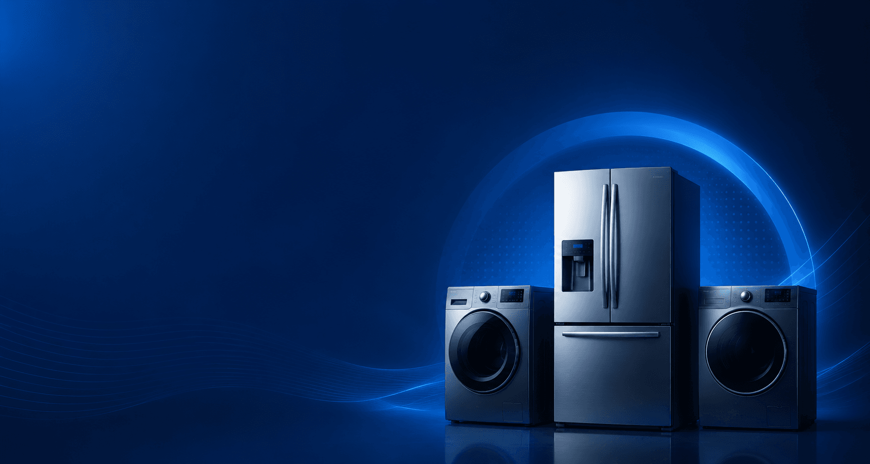 Refrigerator, washing machine and dryer against a blue background