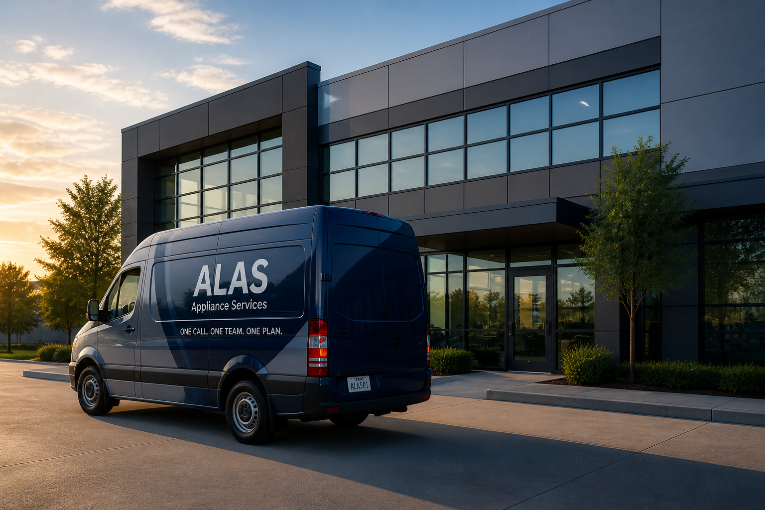 Commercial building and ALAS service van