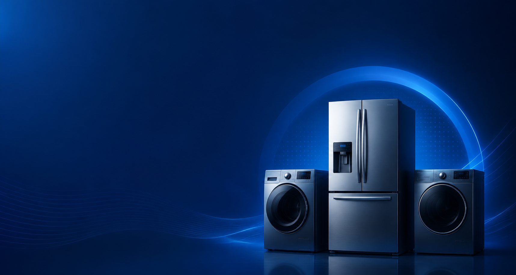 Refrigerator, washing machine and dryer against a blue background